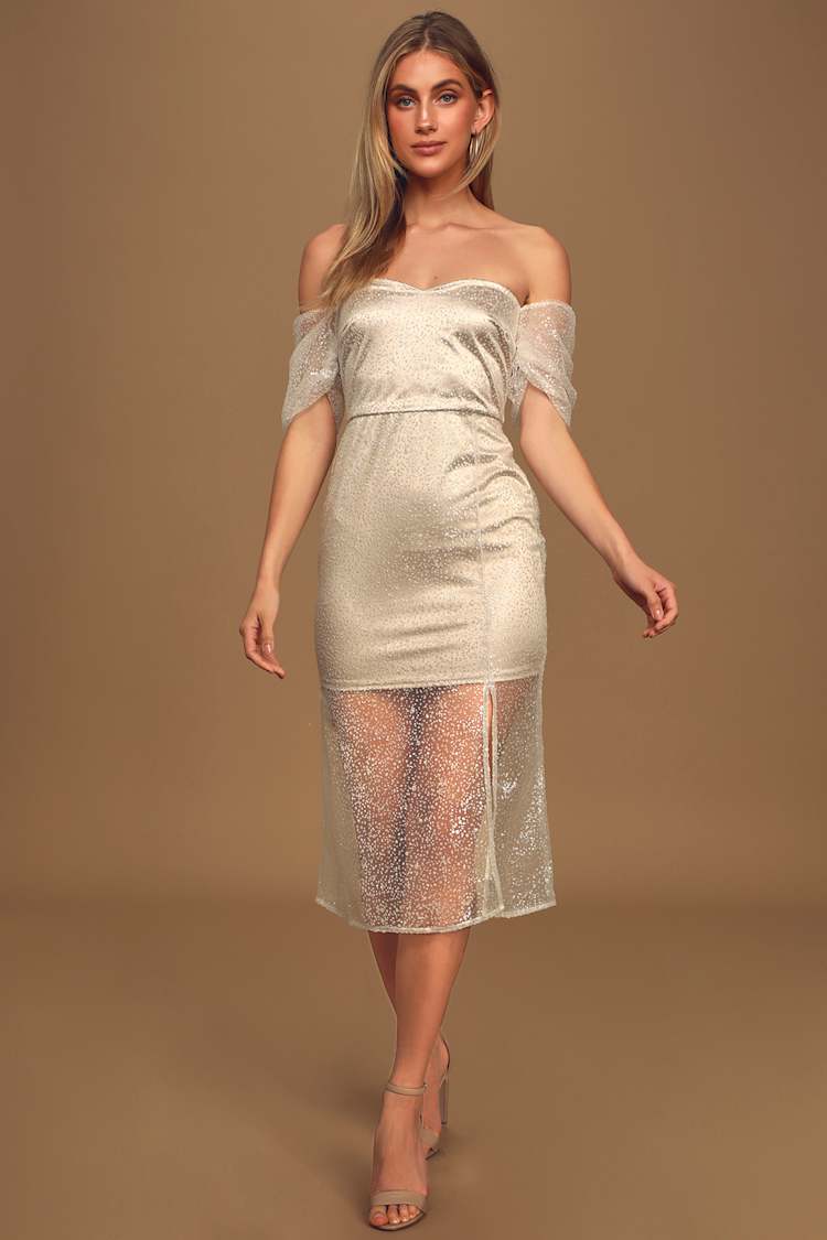 Luxe Ivory Glitter Dress - OTS Midi Dress - Glitter Mesh - Lulus