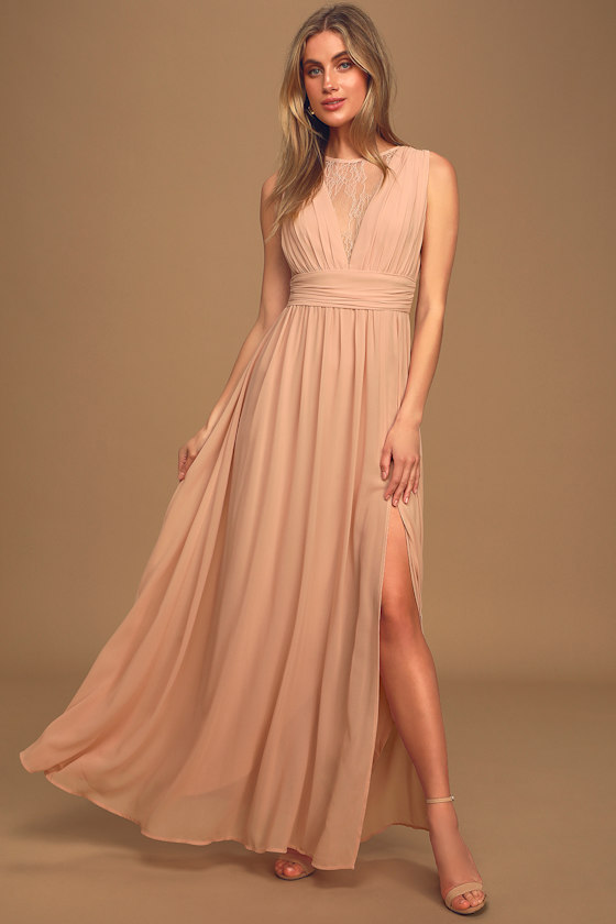 Dreamy Devotion Peach Lace Sleeveless Ruched Maxi Dress 2