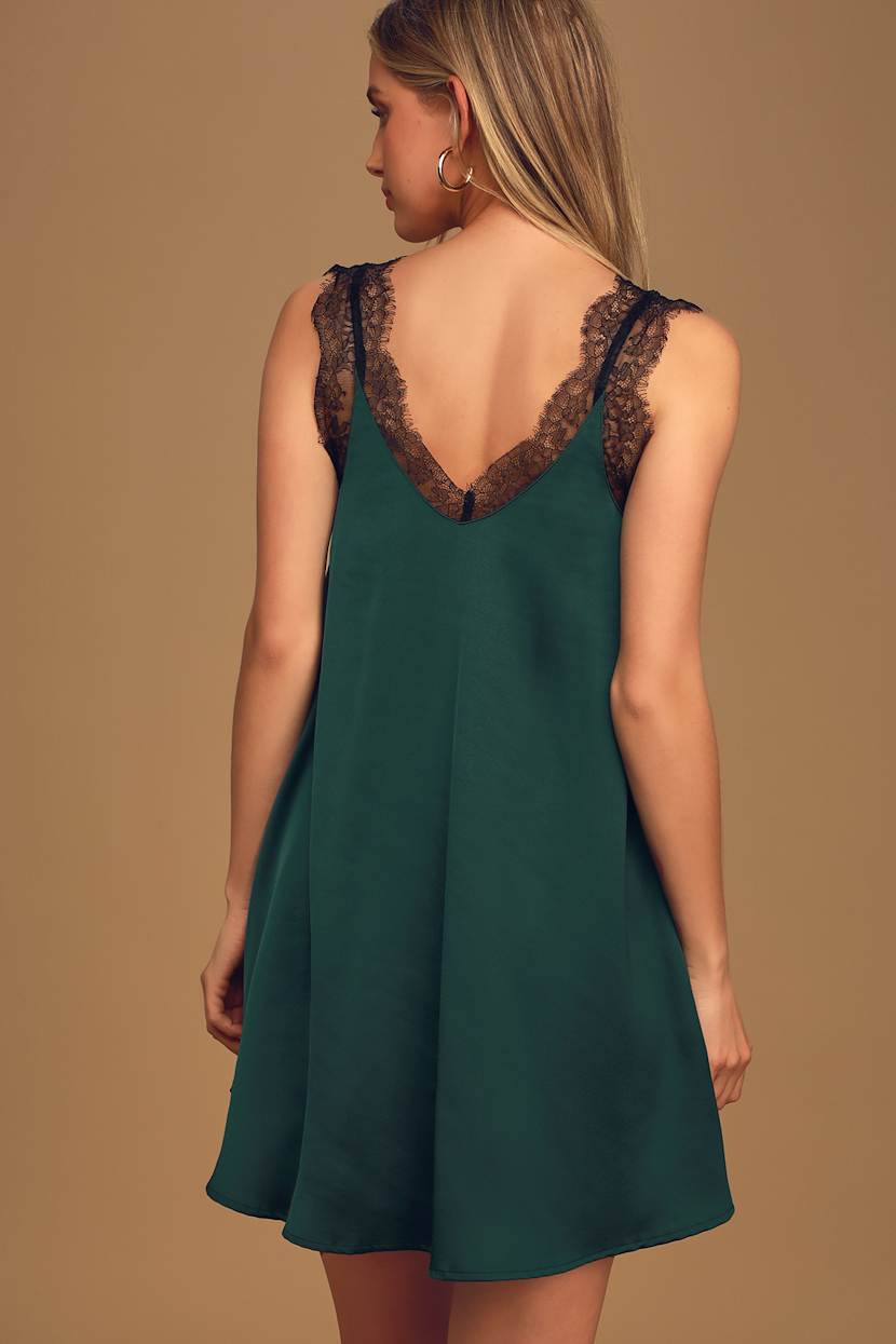 Chic Emerald Green Satin Swing Dress - Lace Trimmed Mini Dress - Lulus Chic Emerald Green Satin Swing Dress - Lace Trimmed Mini Dress - Lulus