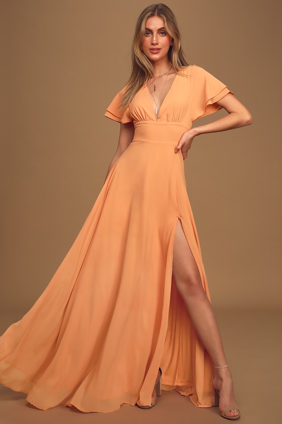 Flutter Sleeve Maxi Dress - Peach Bridesmaid Dress - V-Neck