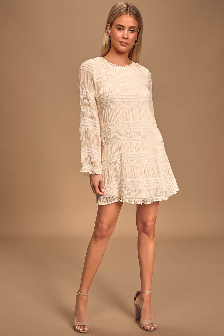 Just Met Cream Sequin Ruched Long Sleeve Tiered Shift Dress