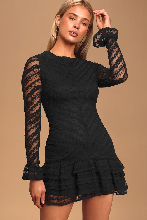 Chic Black Lace Dress - Long Sleeve Dress - Ruffled Mini Dress - Lulus