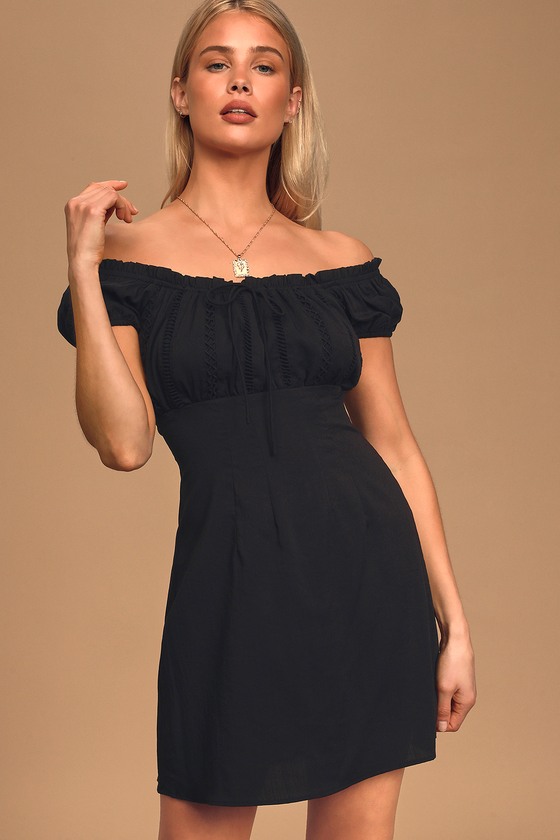 Cute Black Dress - Off-the-Shoulder Dress - Embroidered Dress - Lulus