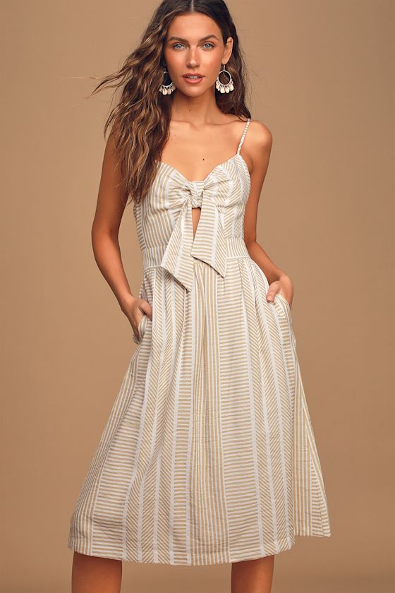 World Wonder Taupe Striped Tie-Front Midi Dress 2