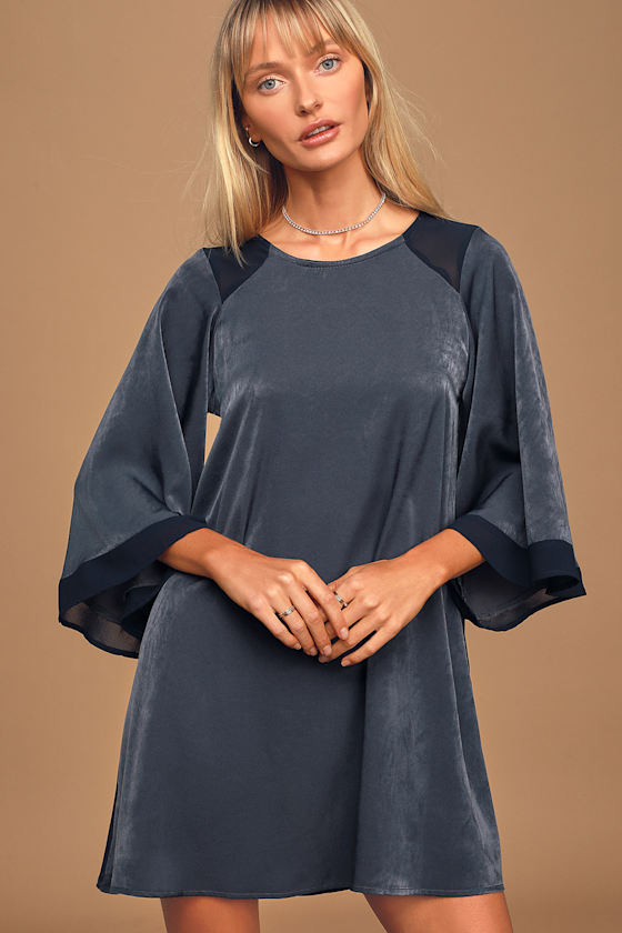 Blue Grey Shift Dress with Sleeves main image 0