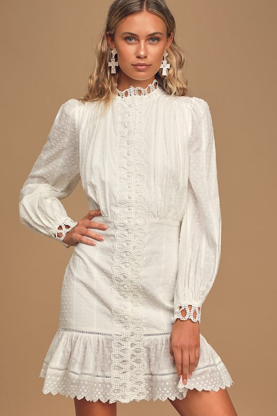 Azure White Lace Long Sleeve Button-Up Mini Dress 3