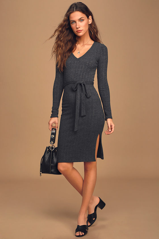 Written with Love Charcoal Grey Ribbed Long Sleeve Dress 2