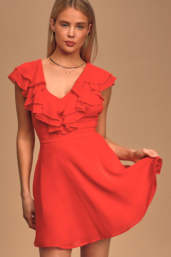 Red Skater Dress Ruffled Dress Short Sleeve Dress Lulus