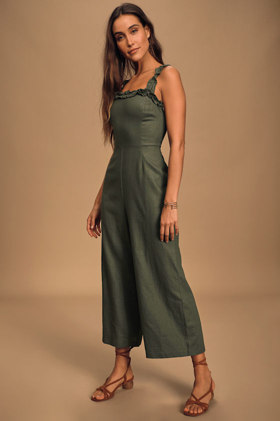 LUSH Olive Green Jumpsuit Ruffled Jumpsuit WideLeg Jumpsuit Lulus