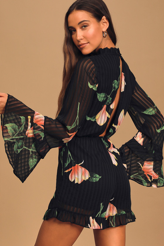 Black Floral Print Romper - Long Sleeve Romper - Mock Neck Romper - Lulus