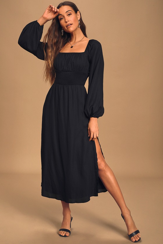 Black Midi Dress - Slit Dress - Smocked ...