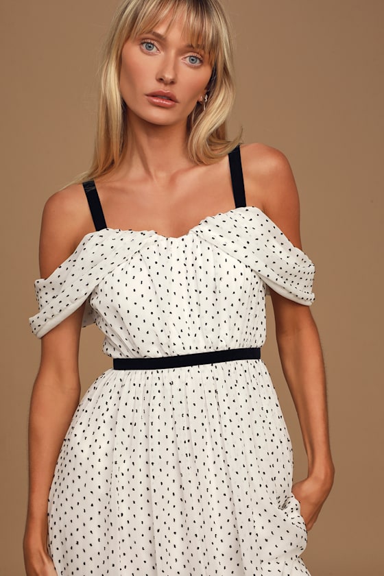Love to Love Black and White Swiss Dot Cold-Shoulder Dress 4