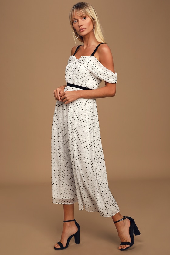 white cold shoulder midi dress