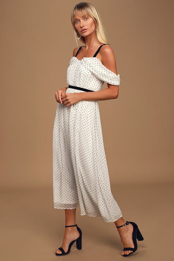 Love to Love Black and White Swiss Dot Cold-Shoulder Dress 3