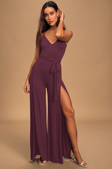 Cool Plum Purple Jumpsuit Wide-Leg Jumpsuit Slit Jumpsuit Lulus