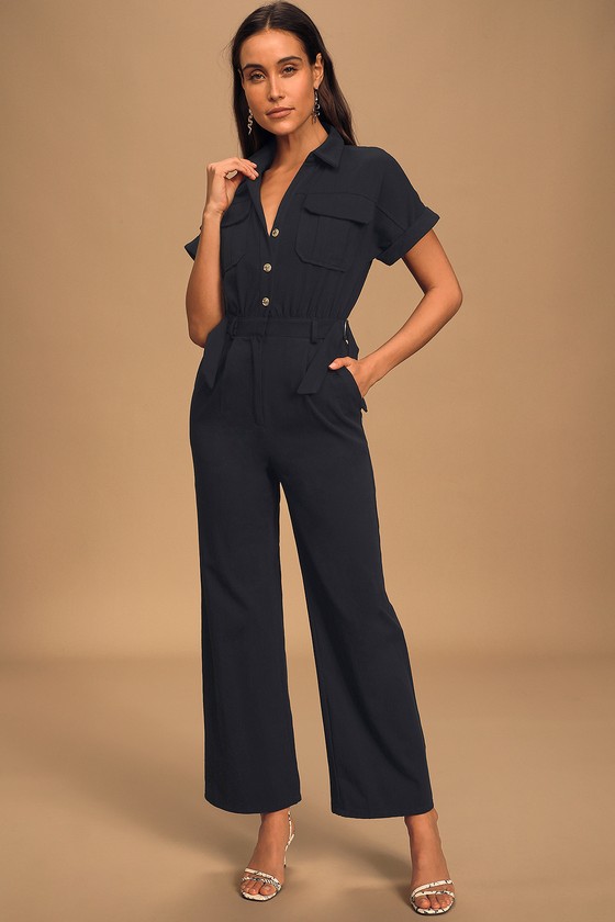 Flutter Collar/Short-Sleeve Belted Denim Jumpsuit (Size 14) -  RetailResaleShop