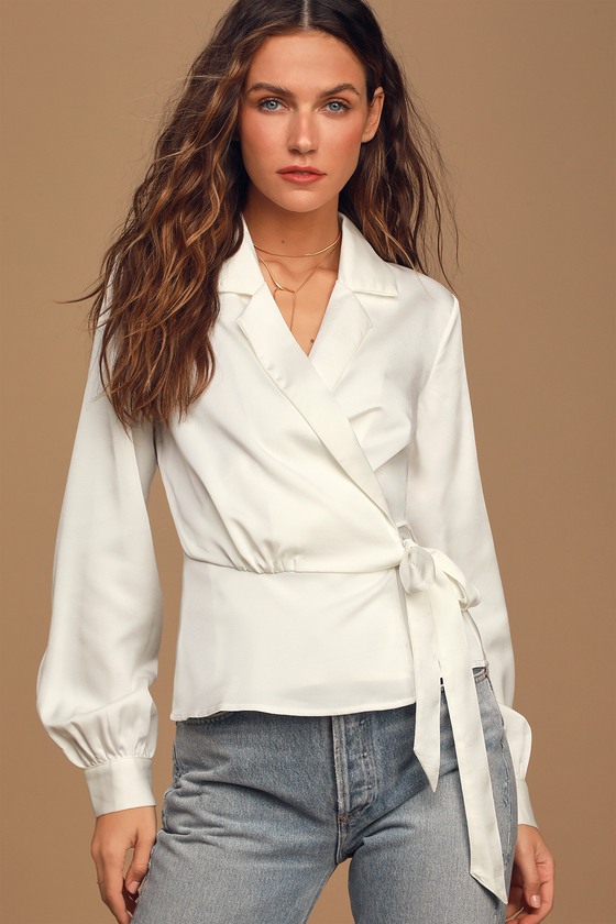 Chic White Top - Satin Wrap Top - Collared Long Sleeve Top - Lulus