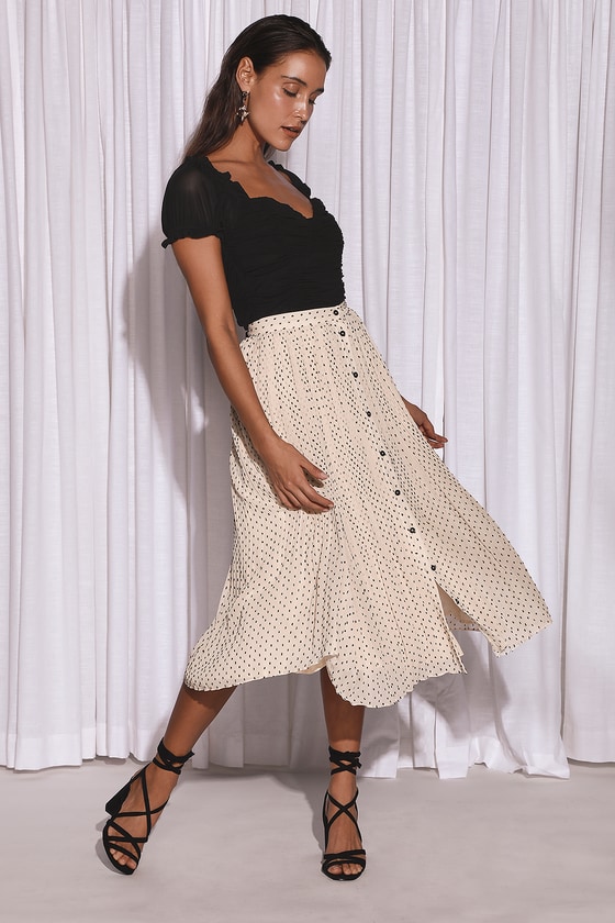 Cream Midi Skirt - Black Swiss Dot Skirt - Pleated Midi Skirt - Lulus