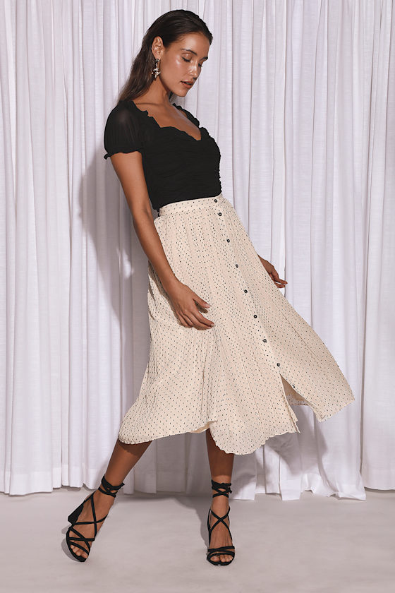 Look Me Up Cream Swiss Dot Button-Front Pleated Midi Skirt 6