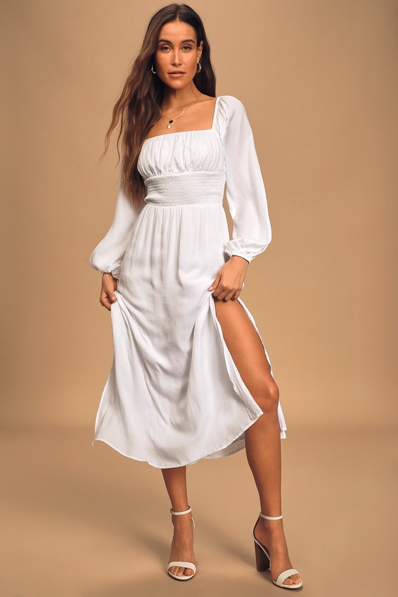 White Midi Dress Smocked Dress Long Sleeve Midi Lulus 