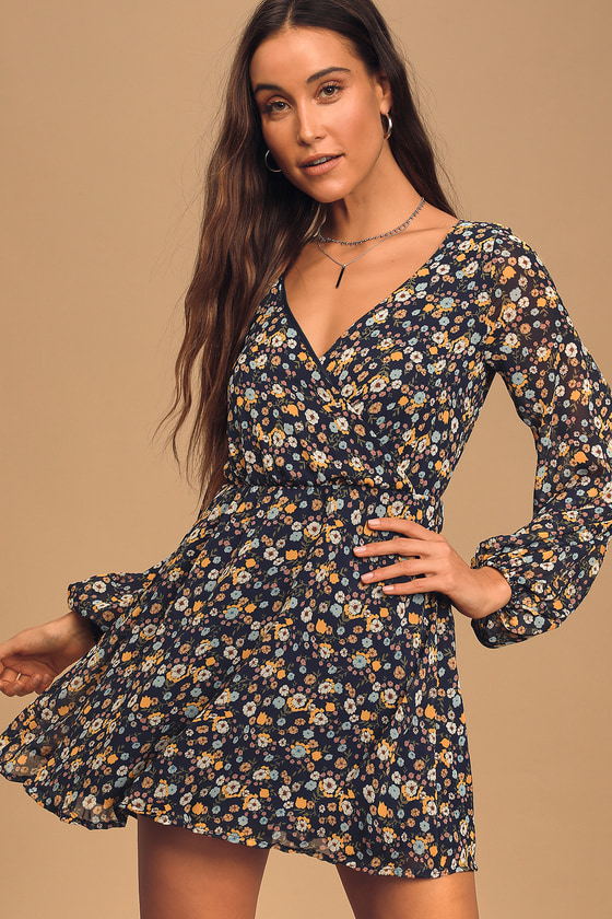 Navy Blue Floral Print Dress - Skater Dress - Long Sleeve Dress - Lulus