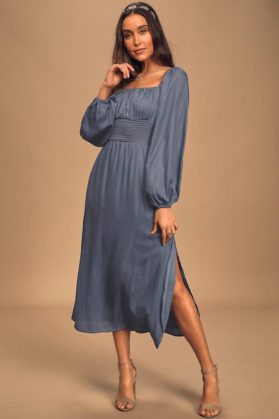 Moonlit Path Denim Blue Smocked Long Sleeve Midi Dress 1