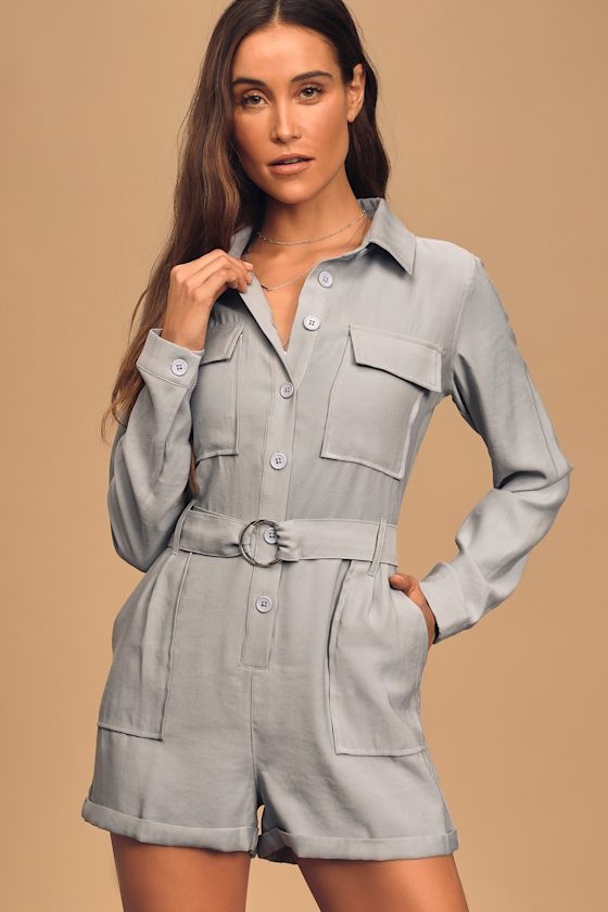 Trendy Utility Romper Blue ButtonUp Romper Belted Romper Lulus