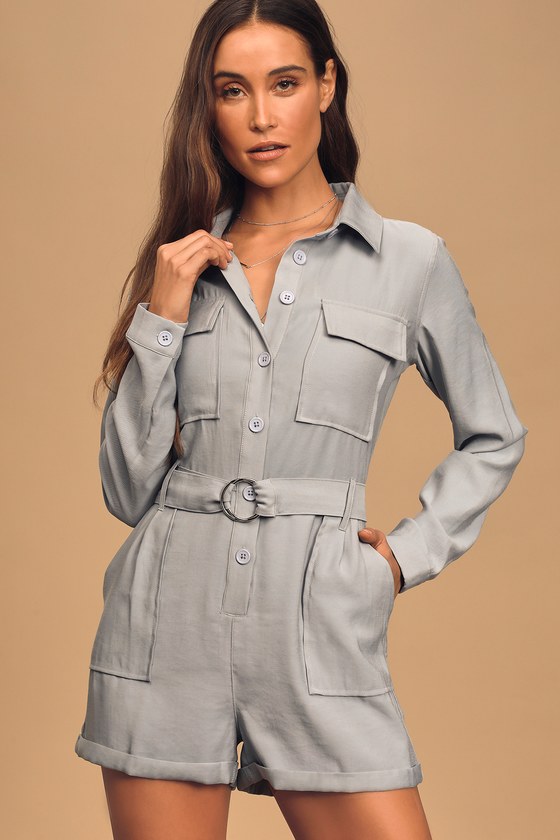 Trendy Utility Romper - Blue Button-Up Romper - Belted Romper - Lulus