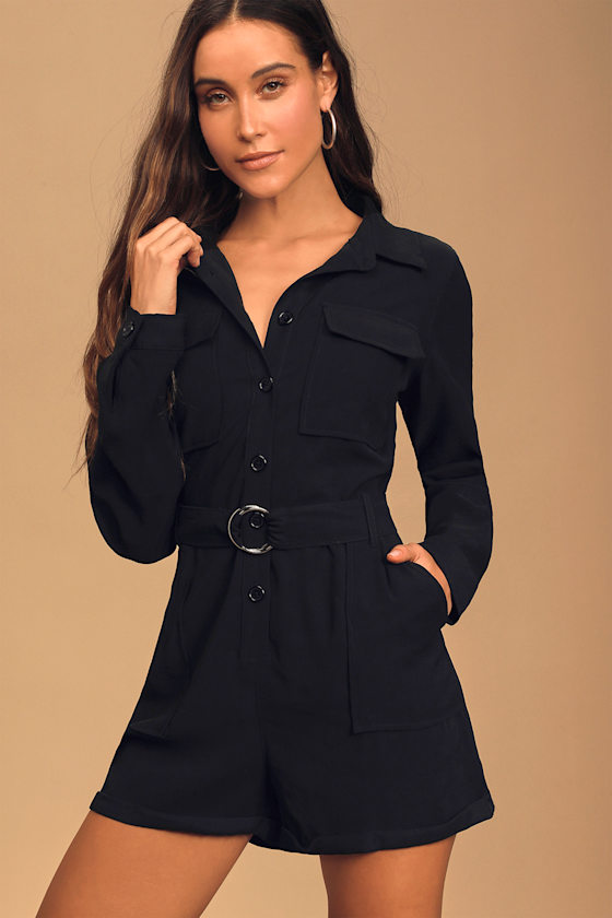 Safari Bound Black Long Sleeve Button-Up Romper 2