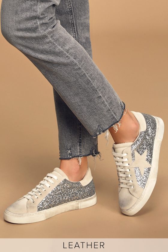 Rubie Silver Glitter Suede Leather Distressed Sneakers 1