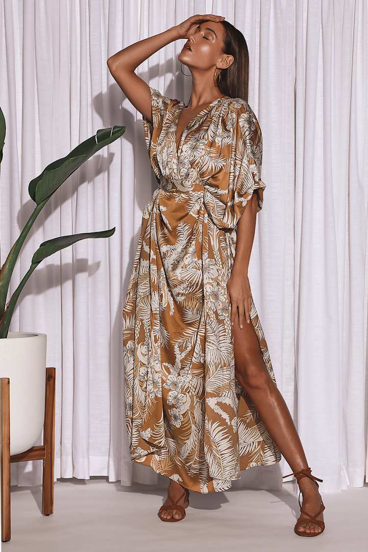knee length dresses for ladies Delfino Maxi Dress Tan
