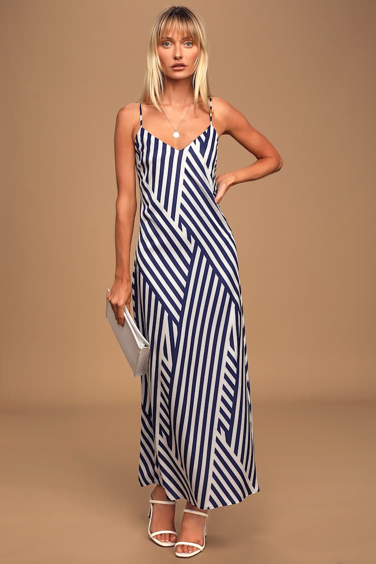 navy blue and white striped maxi dress Marri Striped T-Shirt Maxi Dress - Blue