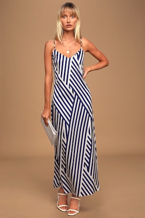 chinese dress ladies BOW SHOULDER NAVY STRIPE SWEATER MAXI DRESS main image 0