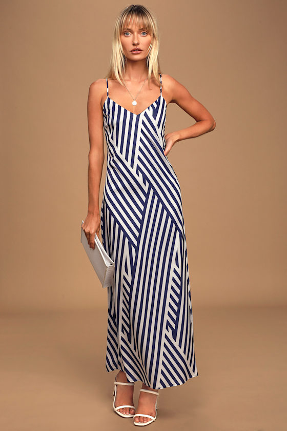 All Day Long Navy Blue and White Striped Maxi Slip Dress 4
