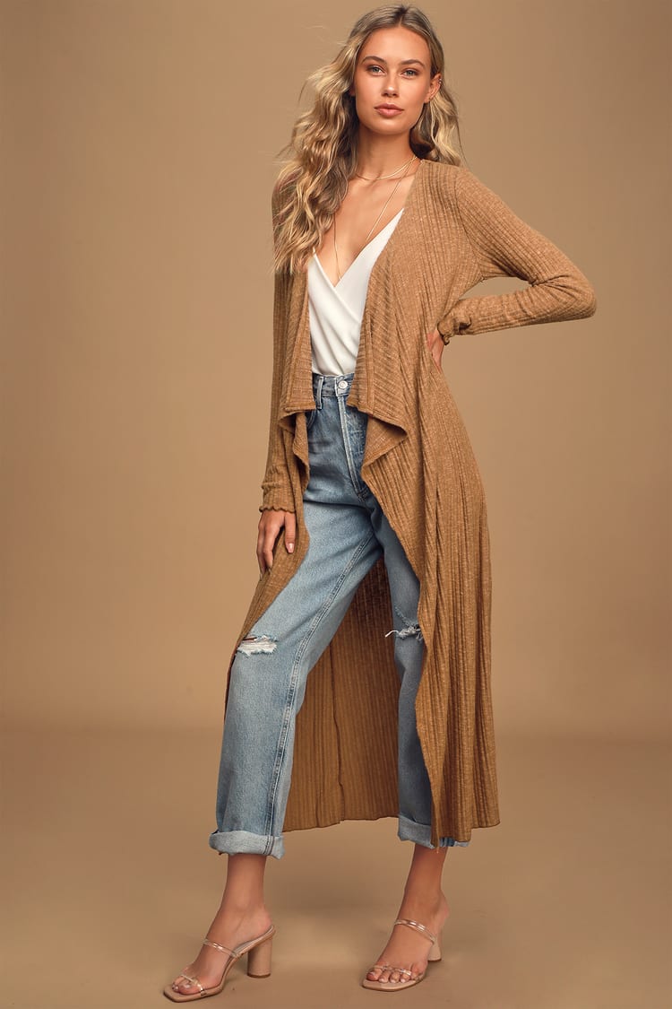 Bring the Cheer Heather Brown Ribbed Waterfall Cardigan Sweater