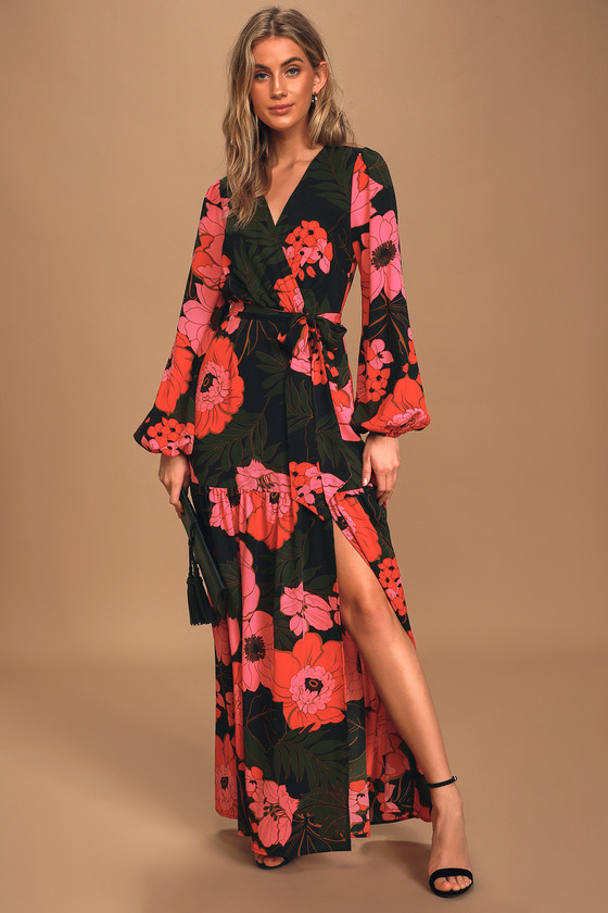 Dreaming On Black Multi Floral Print Balloon Sleeve Maxi Dress