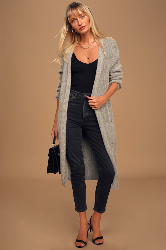 Play It Cozy Heather Grey Long Cardigan Sweater 6