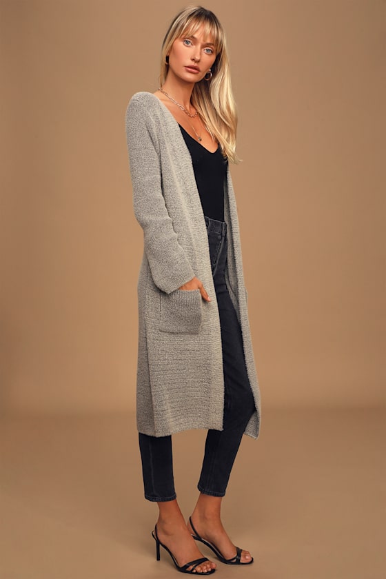 Play It Cozy Heather Grey Long Cardigan Sweater 7