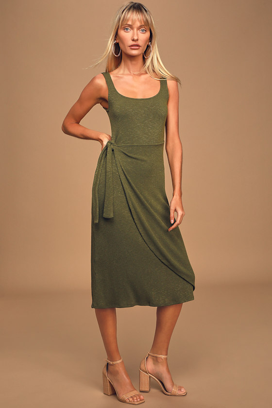 Love Me More Olive Green Ribbed Sleeveless Faux Wrap Midi Dress 2