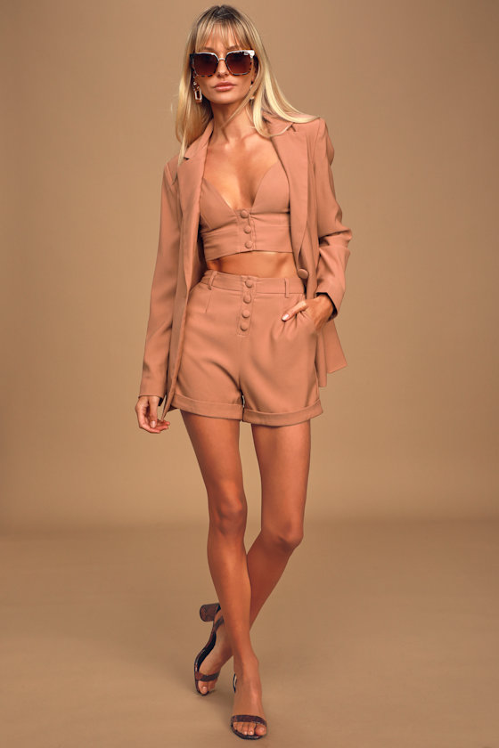 Professional Babe Tan Button-Up Crop Top 1