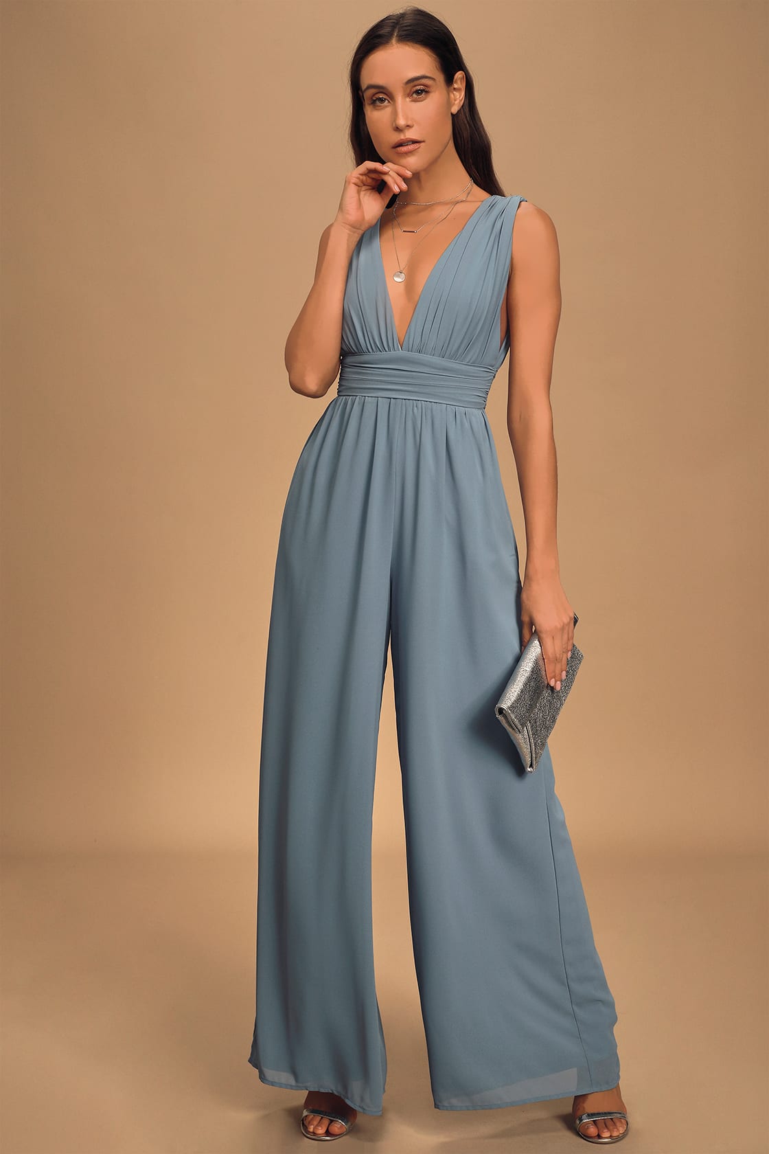 Slate Blue and Light Blue-Gray Jumpsuit for Spring Wedding Guest