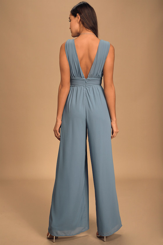 Blue Wide-Leg Jumpsuit - Georgette Jumpsuit - V-Neck Jumpsuit - Lulus