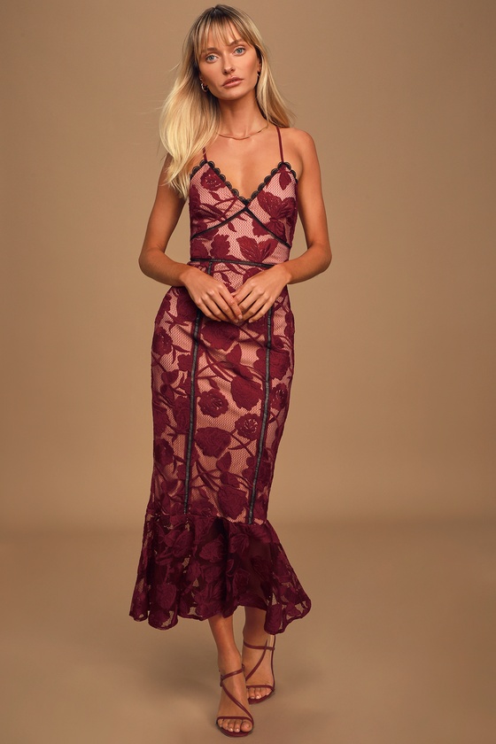 Burgundy Midi Dress Trumpet Dress Floral Lace Dress