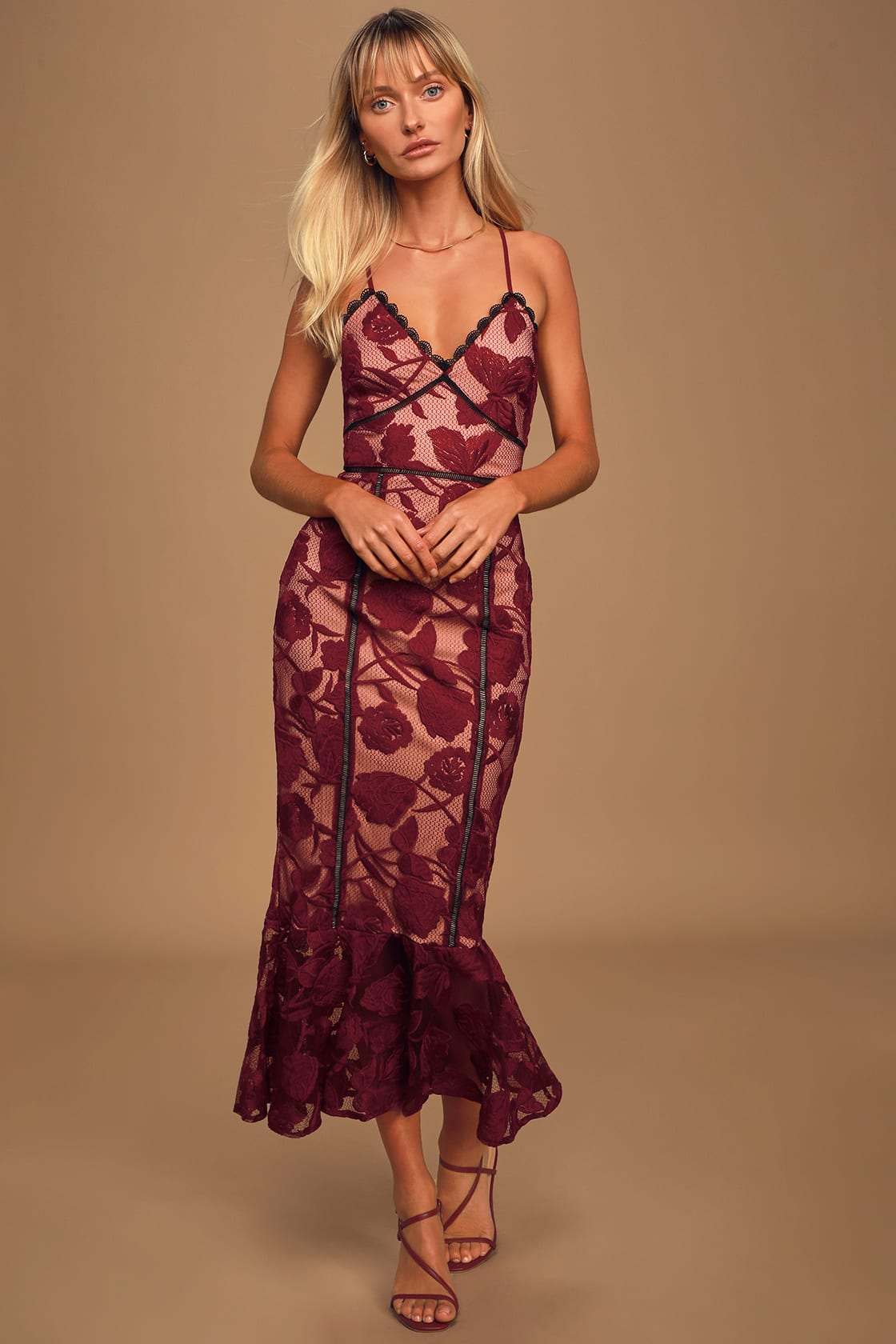 Fall Red and Burgundy Wedding Guest Trumpet Midi Dress