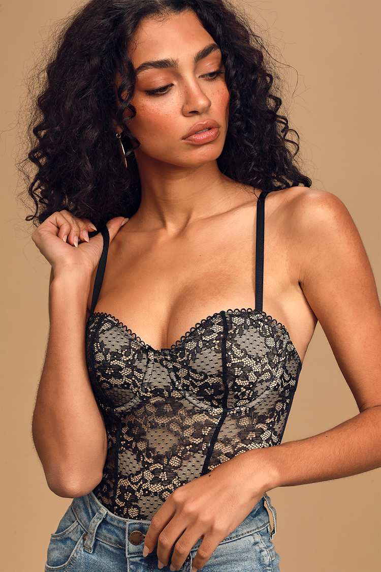 Black Lace Frill Sleeve Bustier Bodysuit