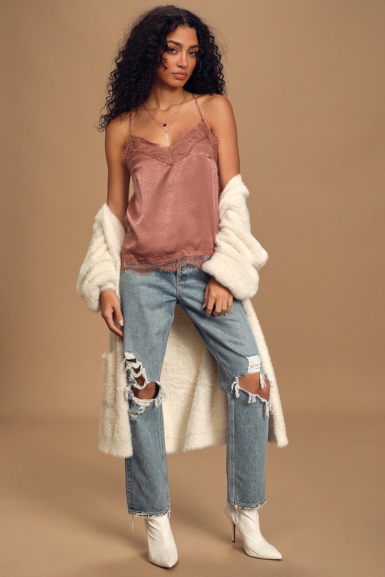 In the Mood Mauve Pink Satin Lace Cami Top 1