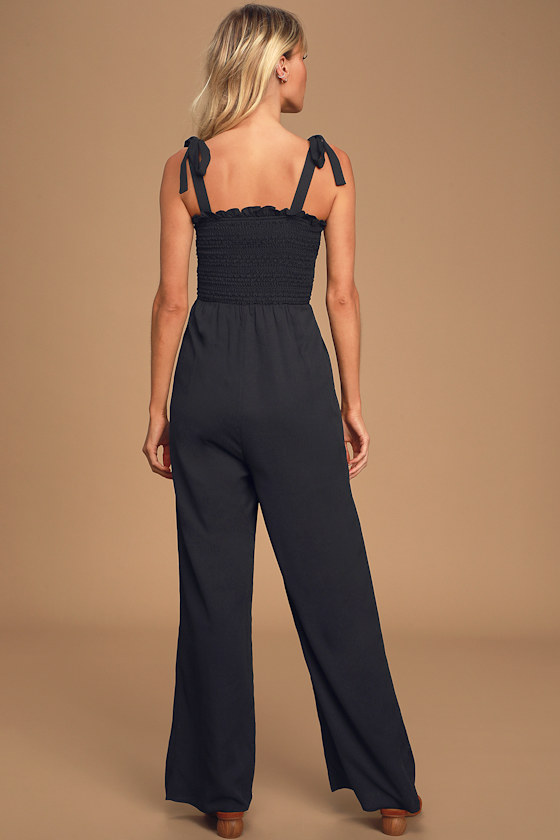 Smocked Bodice Strap Ruffle Tie Belt Jumpsuit