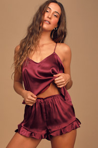 Sweetest Dreams Burgundy Satin Ruffled Two-Piece Pajama Set 3
