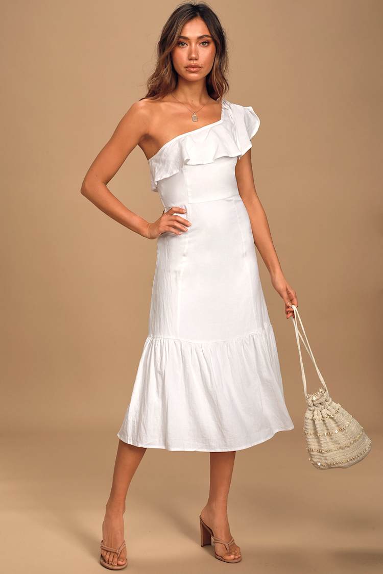 lulus one shoulder ruffle dress White Midi Dress - One-Shoulder Dress - Ruffled Dress