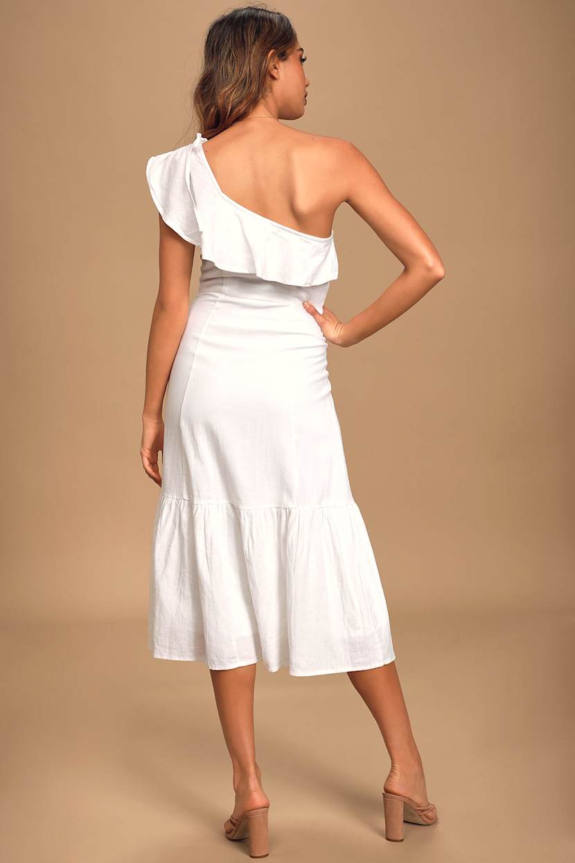 lulus white midi dress Distinctive Charm White Satin Asymmetrical Midi Dress